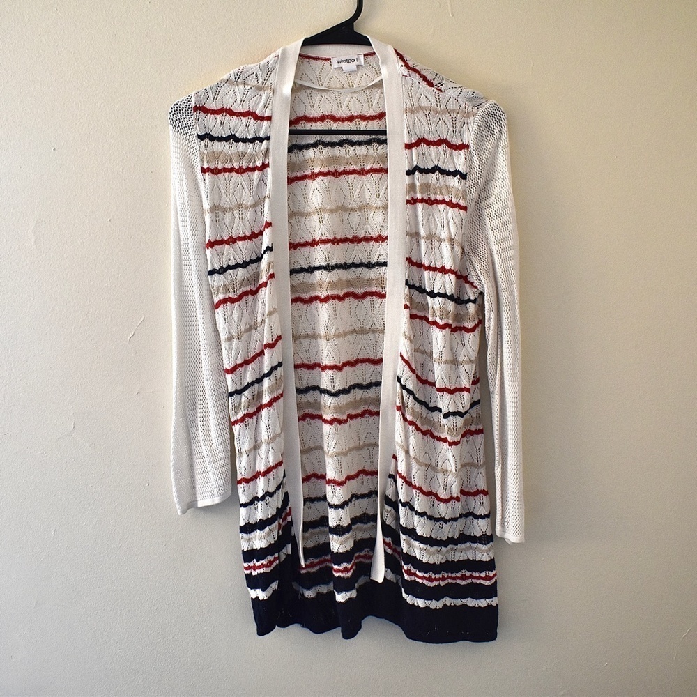3/ $25 M- Westport Crochet Design Cardigan Red White and Blue, Delicate, Lacy‎